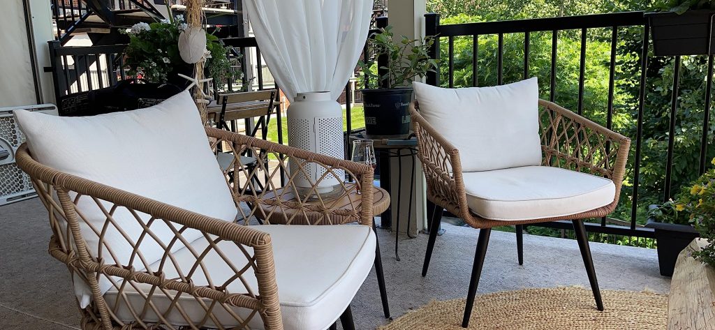 -Quality Outdoor Living 65-YZ03HM Hermosa 3 Piece Chat Set, Aluminum Frame + Tan Wicker + Linen Cushions