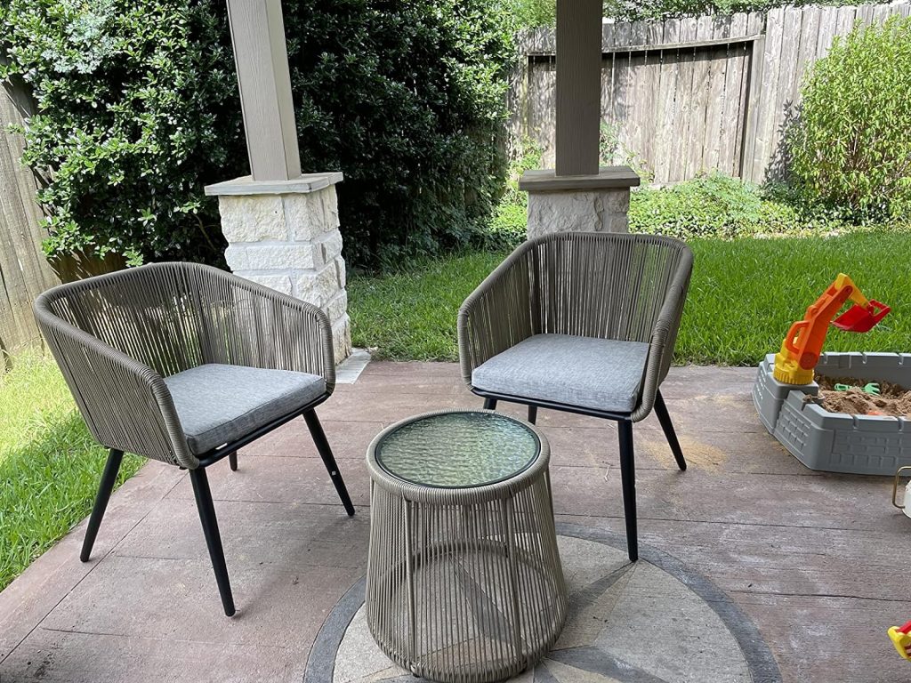 EAST OAK Breezeway 3-Piece Outdoor Bistro Set Handwoven Rattan, Waterproof Cushions, Tempered Glass Table
