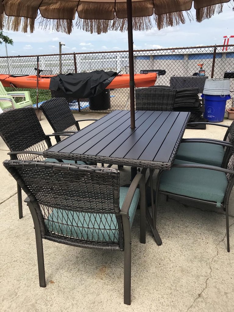 Pamapic Outdoor Piece Patio Dining Set, Weather Resistant PE Rattan Table and Chairs, Comfortable Cushions, Easy Maintenance, 5 PCS, Beige