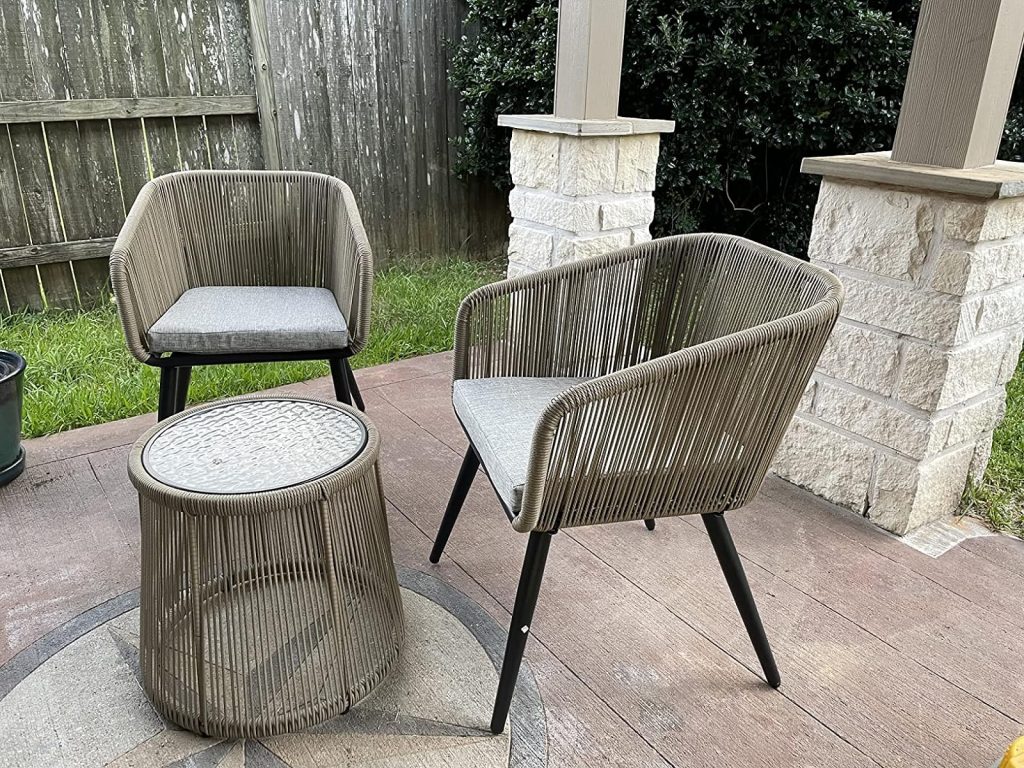 EAST OAK Breezeway 3-Piece Outdoor Bistro Set Handwoven Rattan, Waterproof Cushions, Tempered Glass Table
